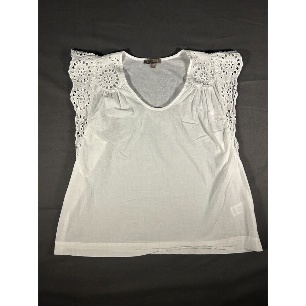 Cottagecore Coquette White Eyelet Lace Top LILLA P Puff Sleeve Peplum Blouse S